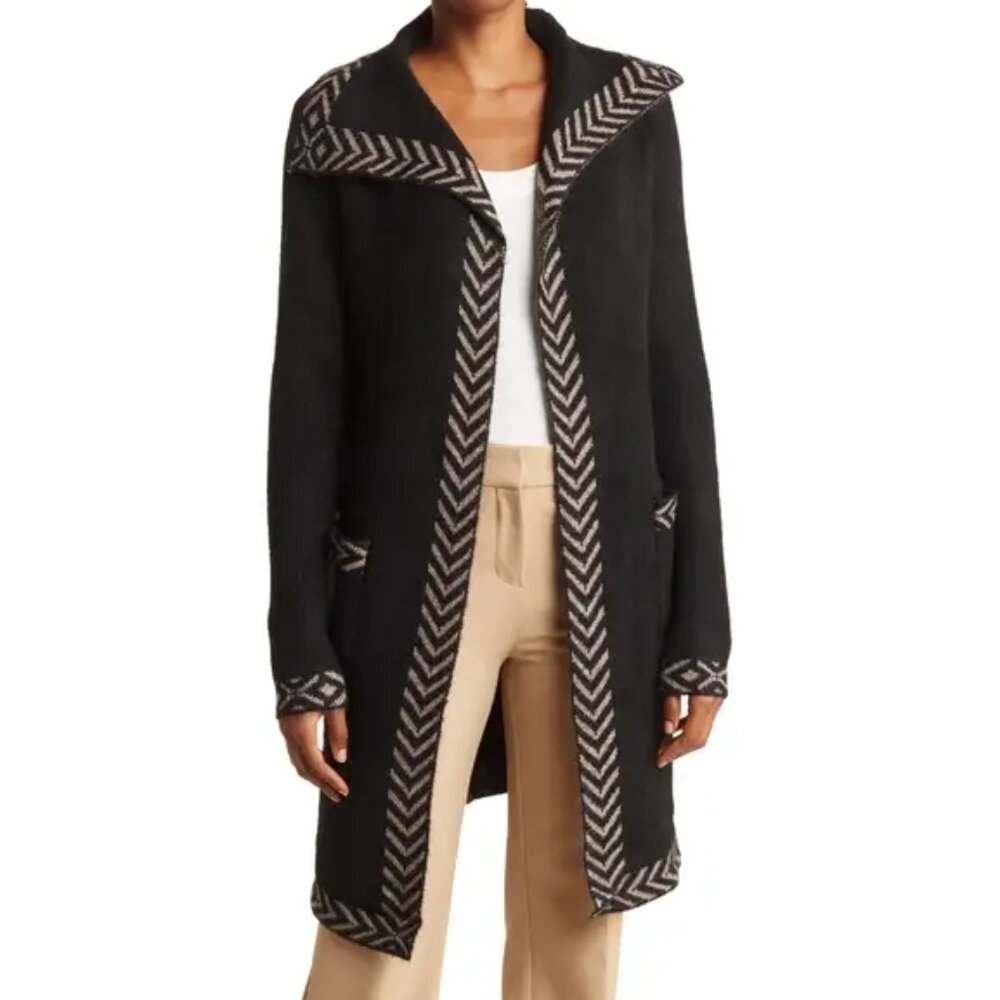 NEW MAX STUDIO Women Chevron Knit Trimmed Black Long Pocketed Cardigan Sweater